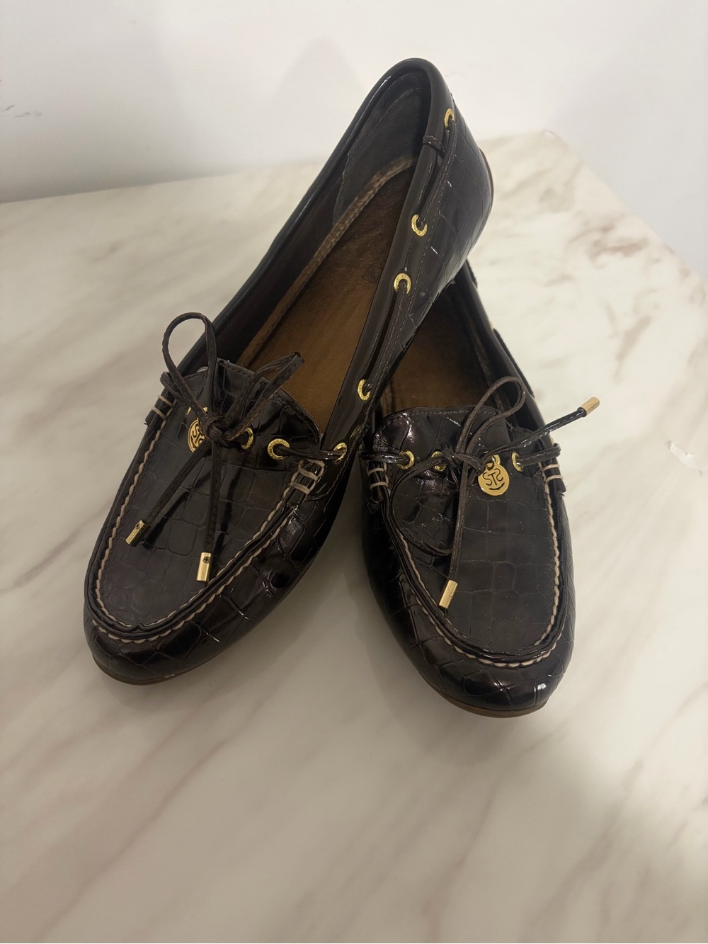 Sperry Womens Laura Moccasin Loafers Brown Crocodile Embossed Leather 7.5
